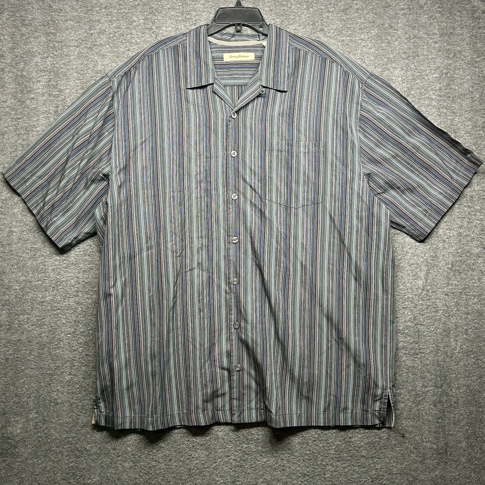 Tommy Bahama 2XT Silk Striped Camp Shirt‎ Button Up Mens Casual